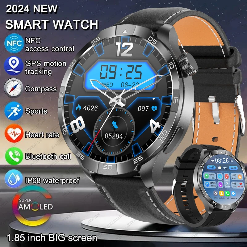 

2024 Мужские часы 1.85 AMOLED экран GPS компас высотомер водонепроницаемый Bluetooth звонки умные часы
