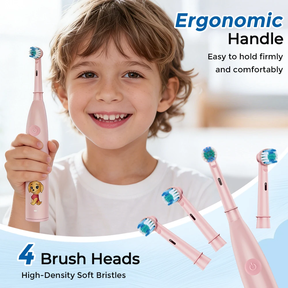 Rotating Electric Toothbrush For Kids 3 Modes Cleaning Rechargeable Child Cartoon Toothbrush 4 Replace Round Heads Smart Timer