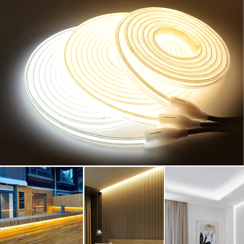 220V COB Led Strip Light With Switch Power Plug 360LED/m Super Bright Waterproof CRI 90 Linear Lighting Flexible LED Ribbon