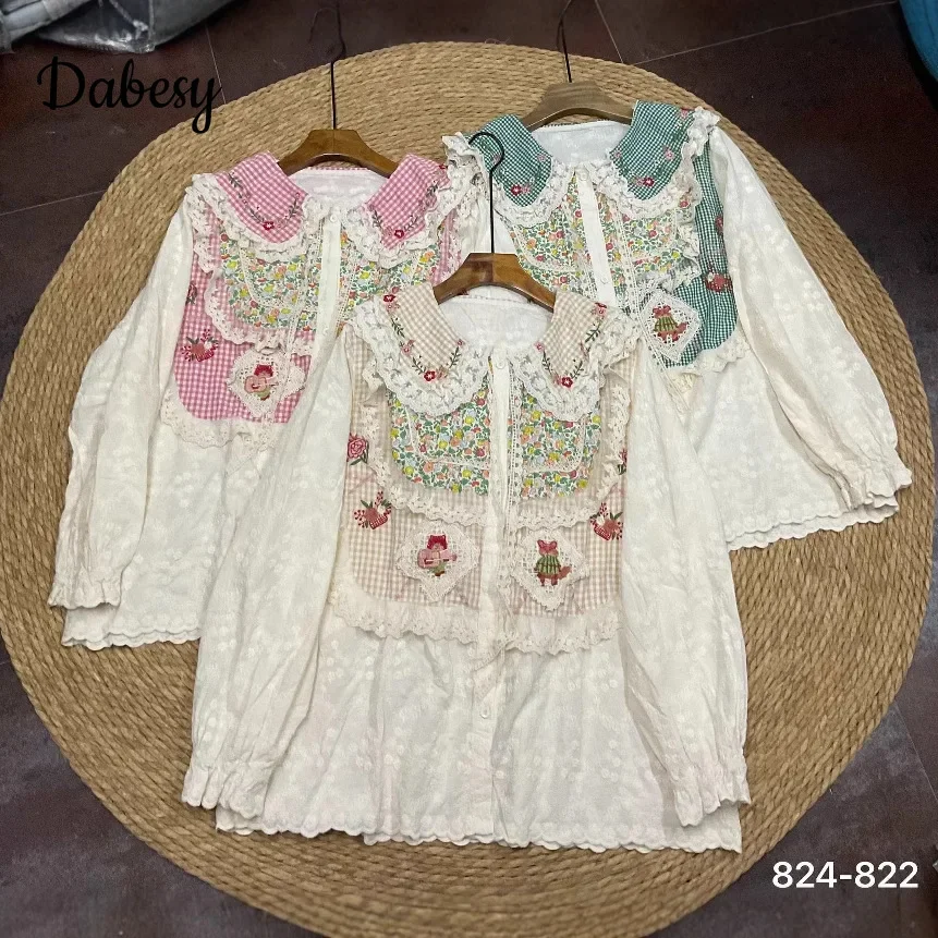 

Mori Girl Flower Embroidery Cotton Linen Tops Autumn Japanese Vintage Peter Pan Collar Lace Patchwork Long Sleeve Kawaii Shirts