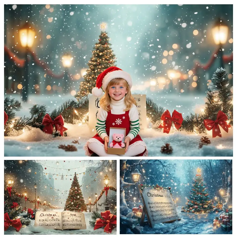 

Fantastic Christmas Backdrop Snowy Xmas Tree Snowfield Book Music Score Winter Xmas Baby Kids Portrait Photography Background