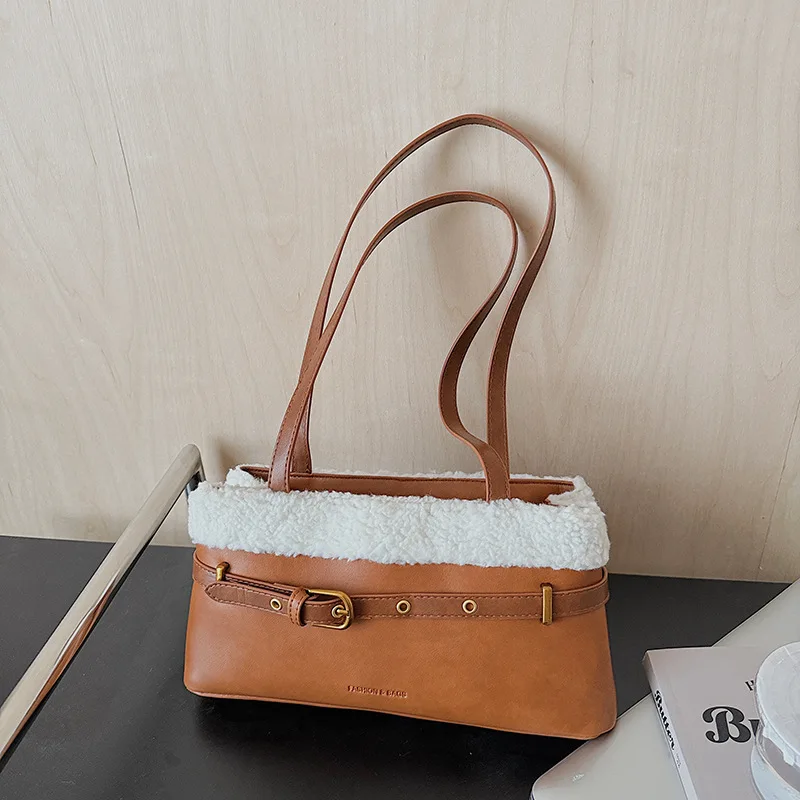 

Korean Trend Faux Fur & PU Patchwork Shoulder Bag 2025 New High-Quality Versatile Commute Armpit Bag Niche Bucket Bag for Women