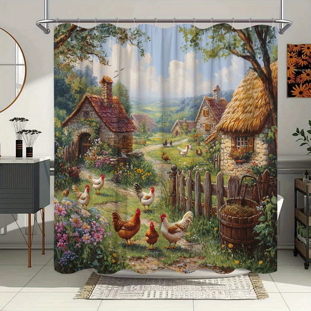 

Rustic Village Oil Painting Shower Curtain - Thatched Cottages, Chickens, Wildflowers, Greenery, Blue Sky, Washable Polyester,