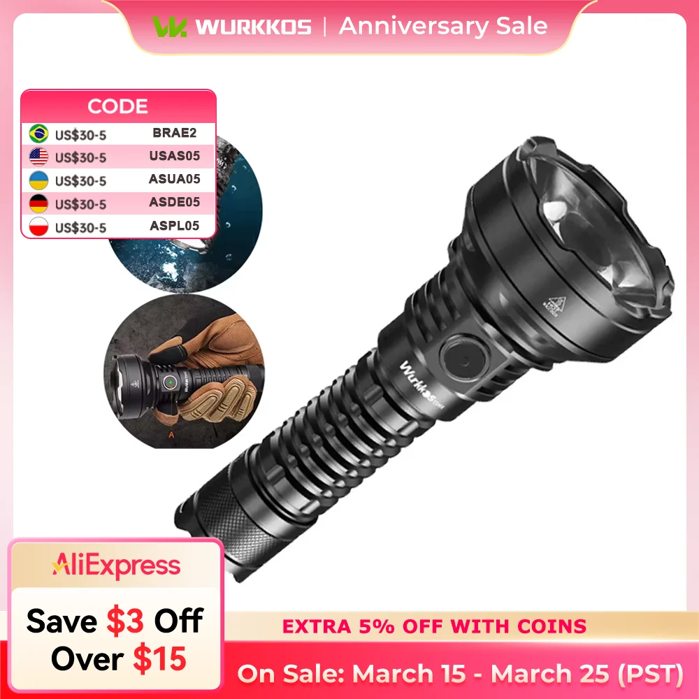 Wurkkos TD01C Upgrade Tactical Flashlight 1800LM SFT40 LED IPX8 Waterproof Torch USB-C Rechargeable 927M Beam for Camping Patrol