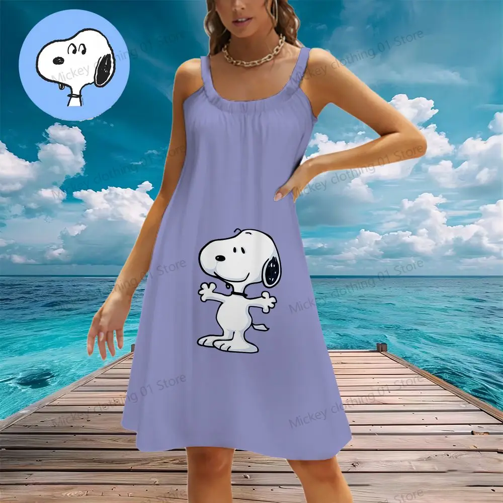 Women's Beach Dresses Snoopy Kawaii Elegant Chic Dress Youthful Woman Clothes 2024 Y2k Summer Leisure S-3XL Anime Boho Sanrio