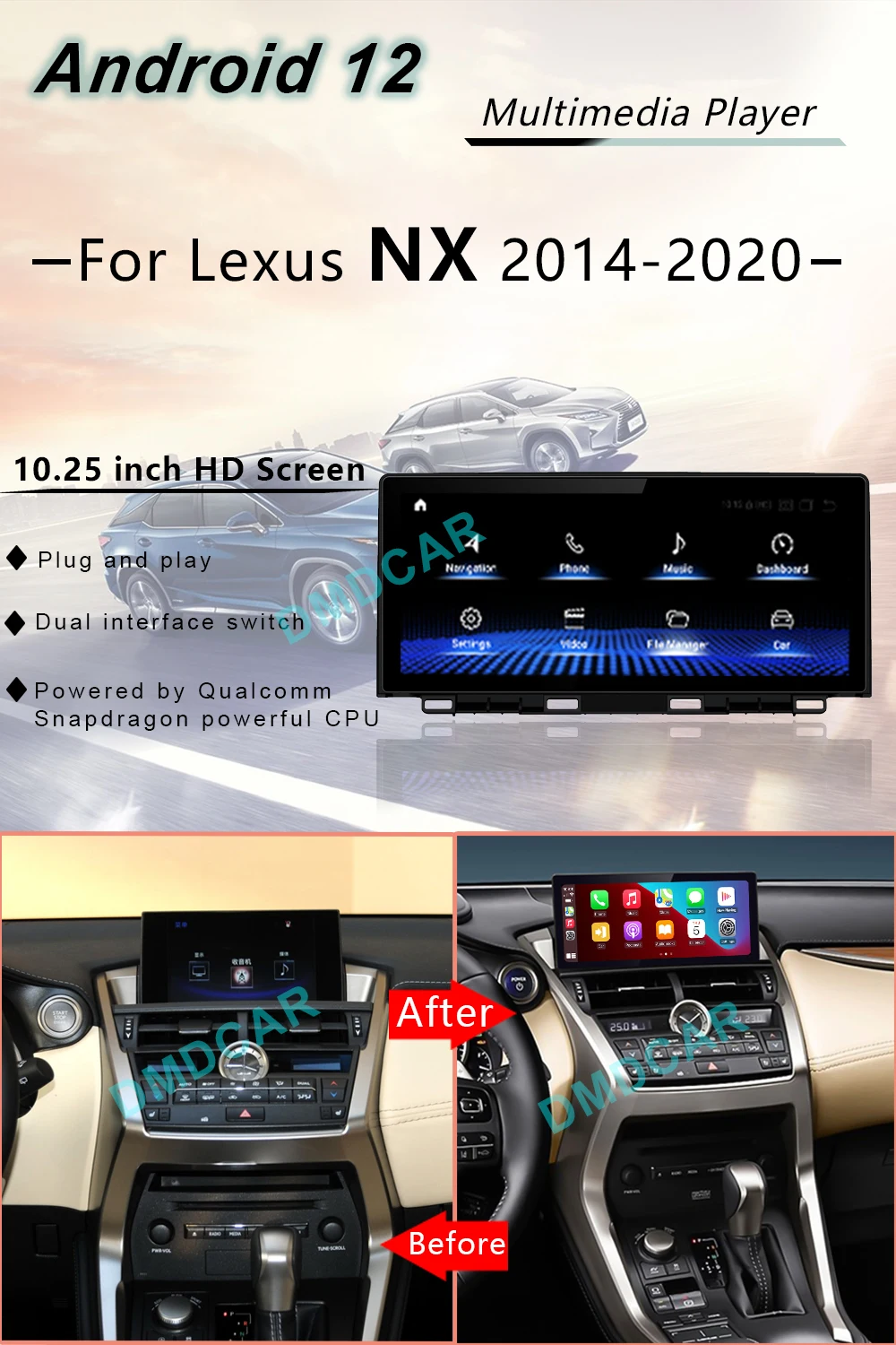 10.25Inch Android 12 Qualcomm Snapdragon Car Radio Multimedia Video Player CarPlay Auto GPS Navigation For Lexus NX NX200 NX200T