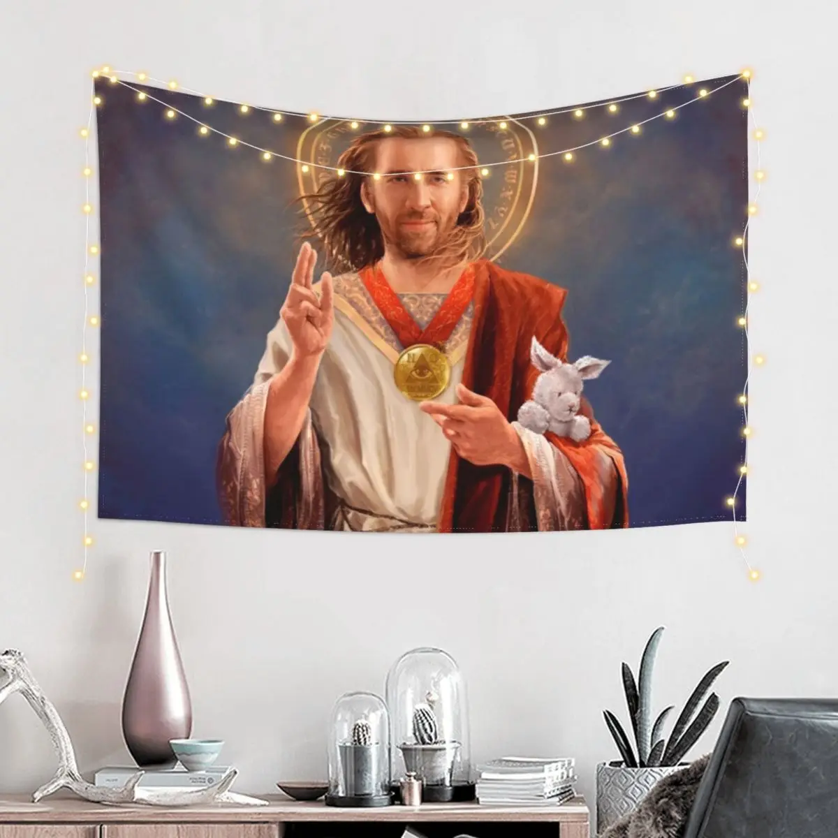 Nicolas Cage, Saint Nicolas of Cage, Nic Cage Original Religious Painting Tapestry Korean Room Decor Tapestry