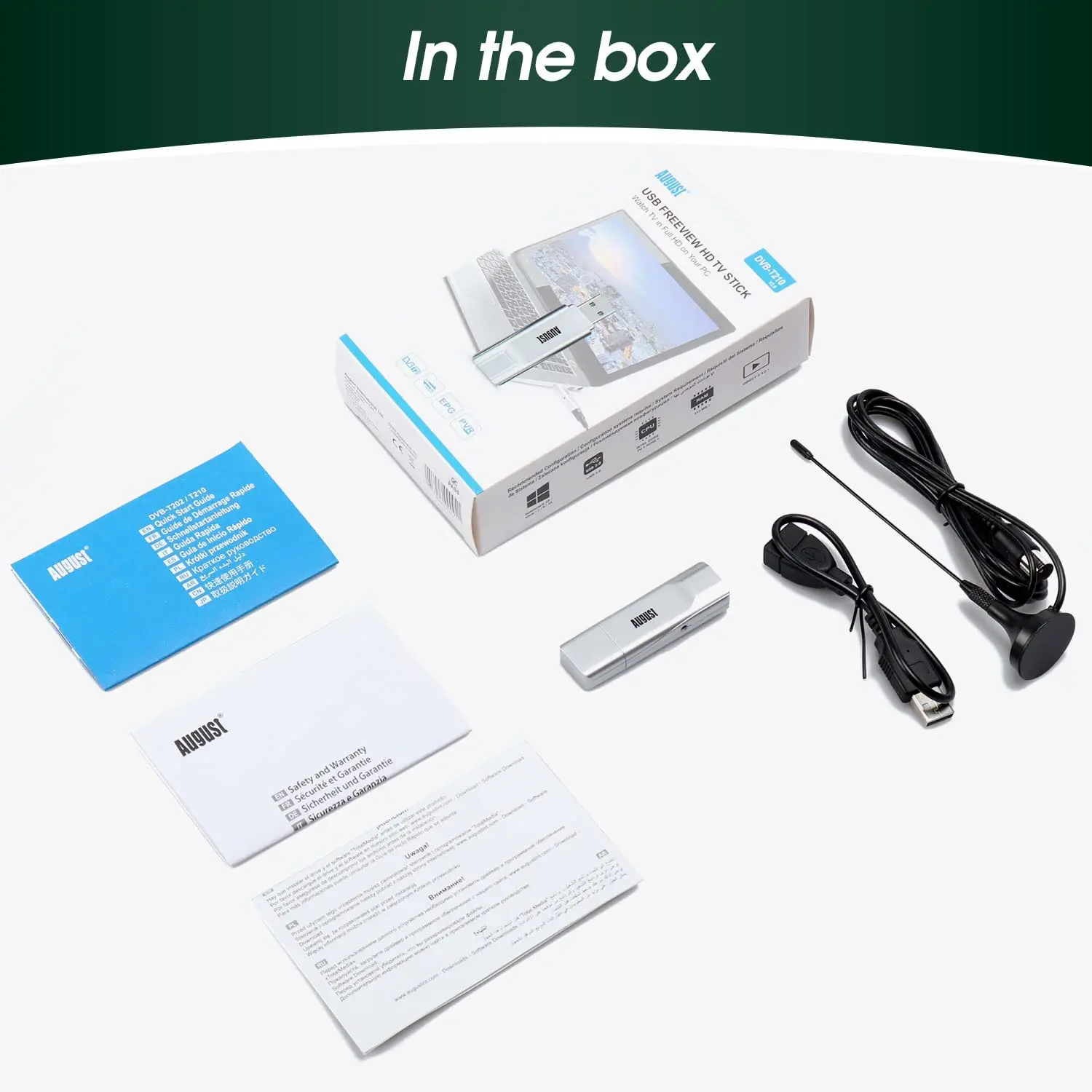 August DVB-T210 USB2.0 Freeview HD TV Tuner Watch Digital DVB-T/DVB-T2 Television in Full HD on PC/Laptop