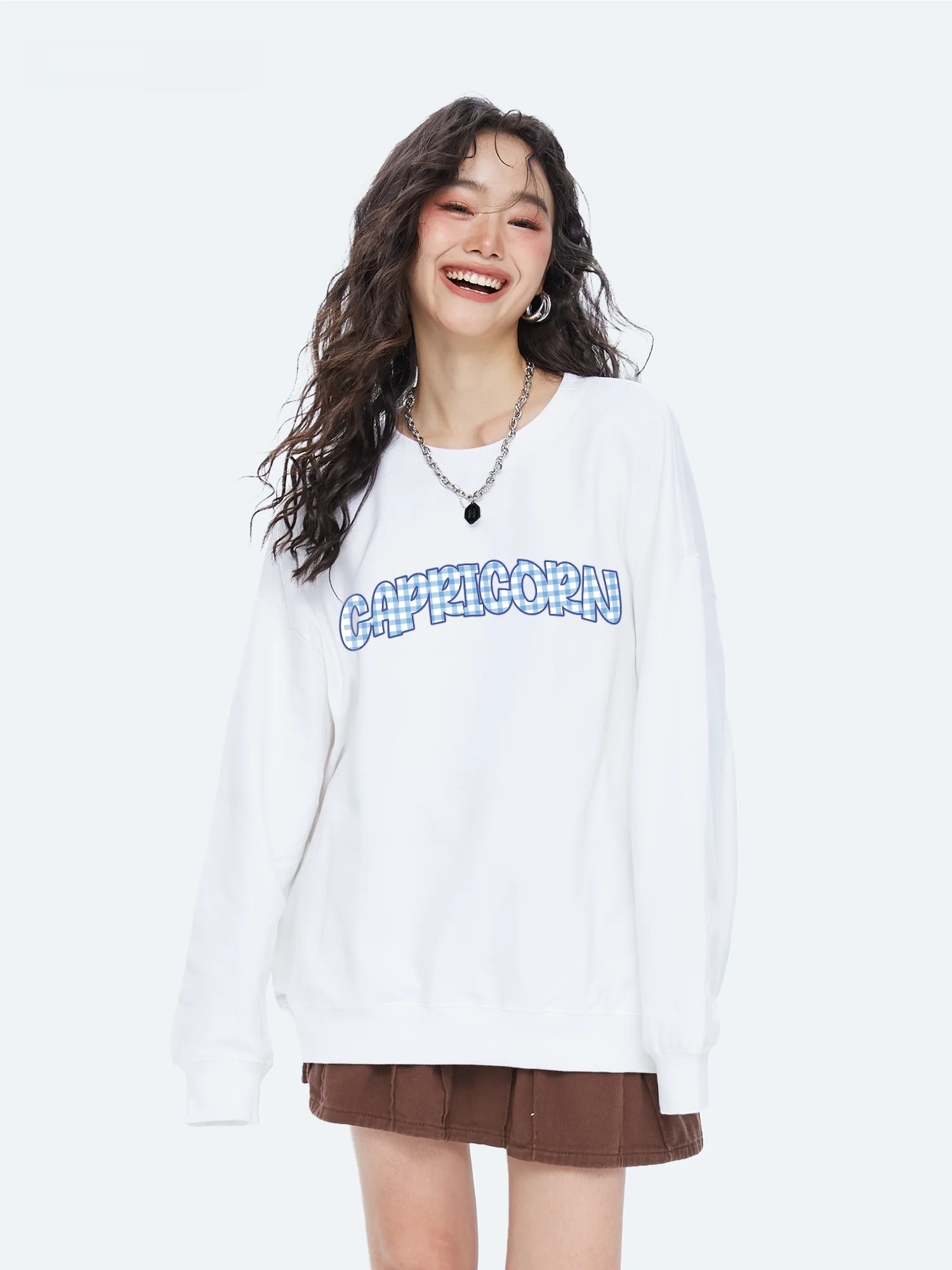 Capricorn Simple Grid Letter American round Neck Sweatshirt Women's Loose Inner Wear Top Autumn 2026 Korean Style Commute