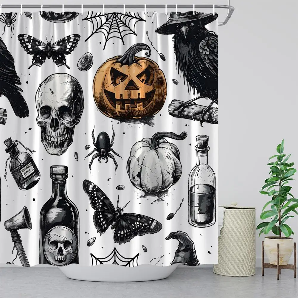 

Готический череп тыква занавеска для душа Хэллоуин паук ворона бабочка страшное волшебное солля черно-белый фестиваль украсить