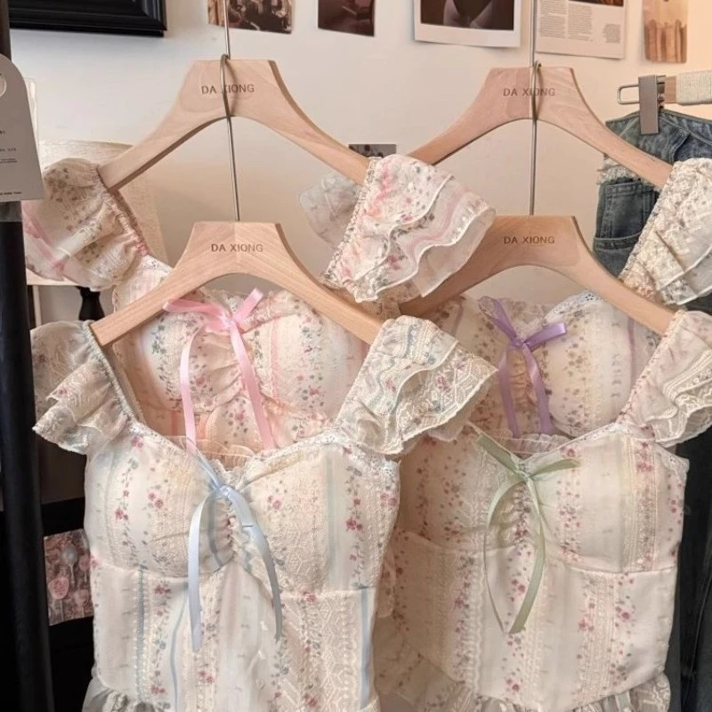 

Blouse Strapless Women's Summer Sweet Ruffled Tie-front Square Neckline Fitted Floral Print Niche Versatile Designer Luxurious