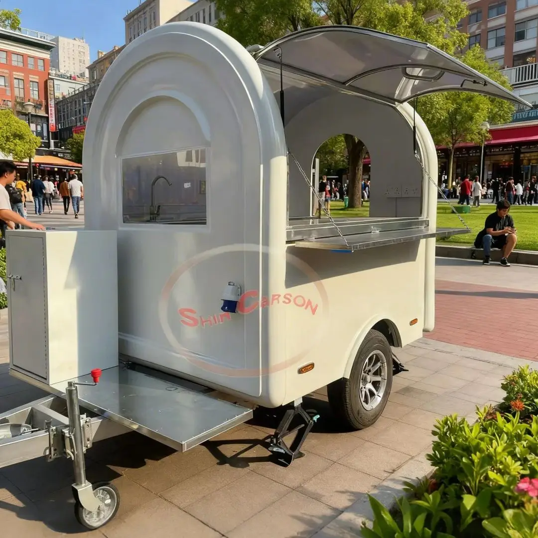 

Pink Fiberglass Food Trailer round Ice Cream Donut Coffee Snack Truck with Refrigerator And Freezer for Sale in USA Standard