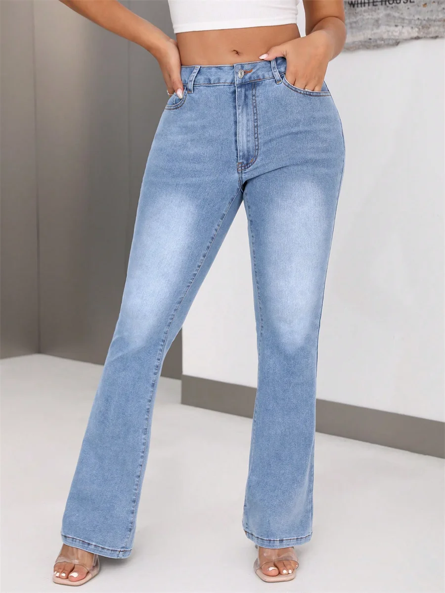 

Benuynffy American Casual Mid Waisted Jeans For Women Fashion Vintage Washed Flared Pants Woman High Stretch Mom Denim Trousers