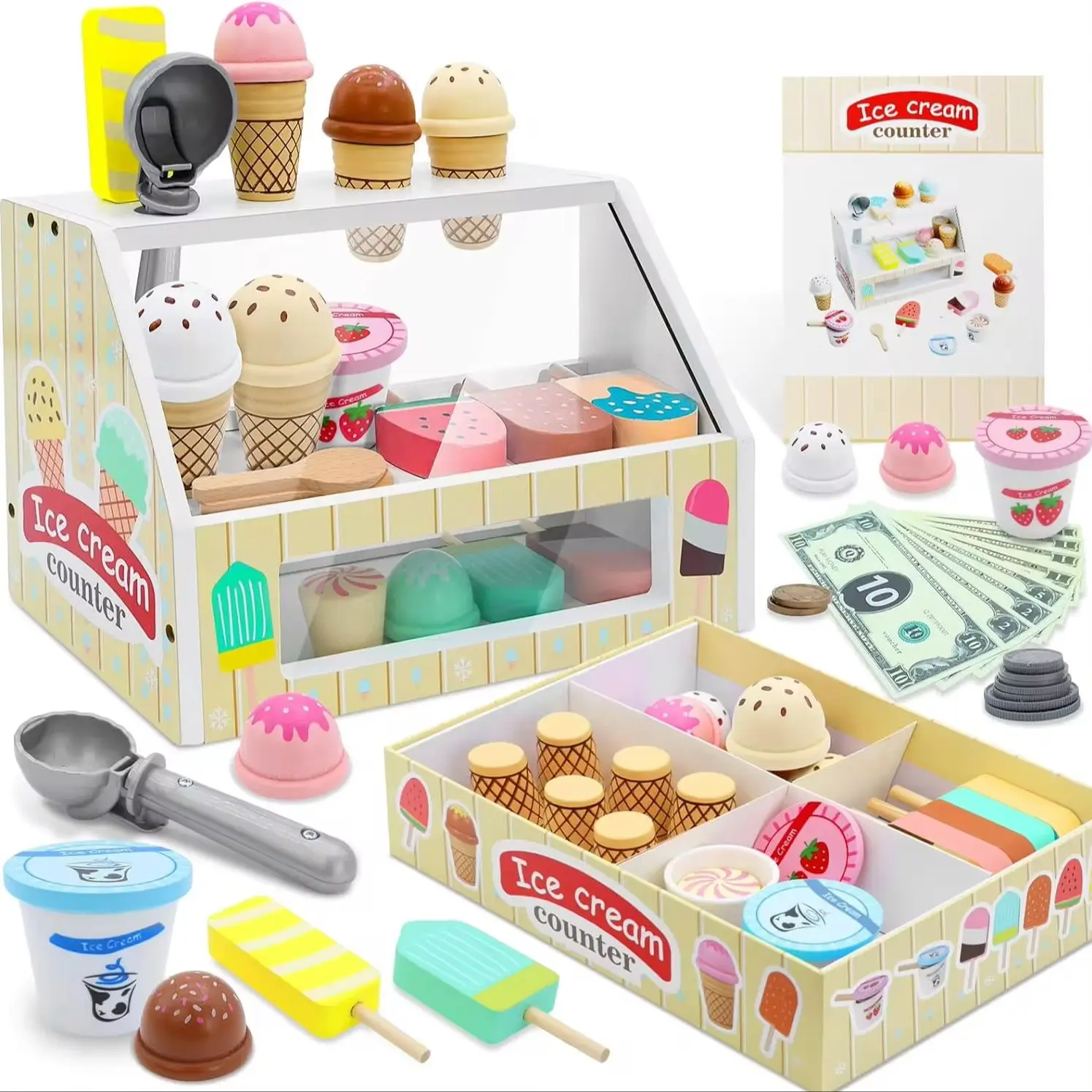 Ensemble de jeu de comptoir de crème glacée pour enfants, jouets alimentaires Montessori, accessoires de cuisine avec pli à monnaie, jeu pour enfants, filles et garçons