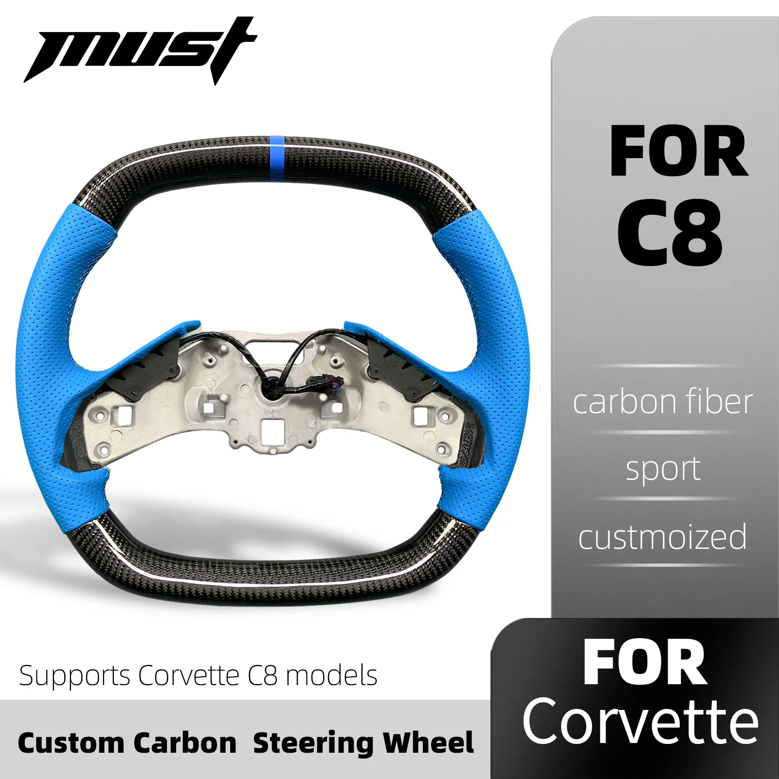 Customized Blue Perforated Leather Real Carbon Fiber Steering Wheel For Chevrolet Corvette C8