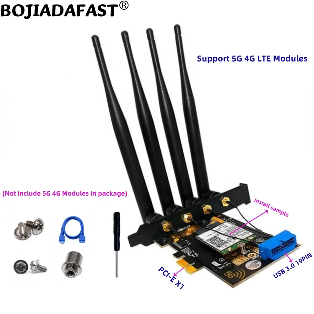 

Беспроводной адаптер PCI Express PCI-E 1X к NGFF M.2 Key-B, 2 держателя карты Nano SIM с 4 антеннами для модема модуля 5G 4G LTE WWAN