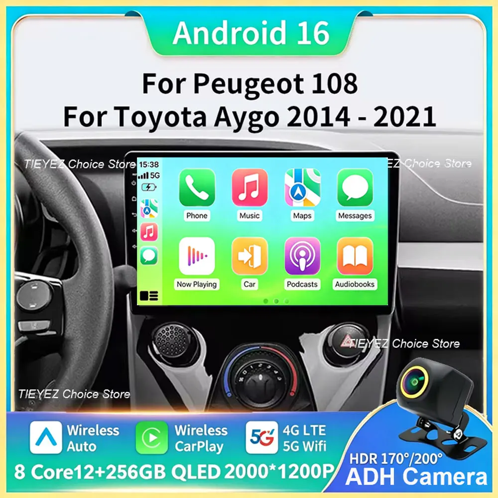 Android 16 Car Radio For Toyota Aygo Peugeot 108 Citroen C1 2014 - 2021 Auto Multimedia Player Stereo 5G WIFI Carplay BT GPS DVD