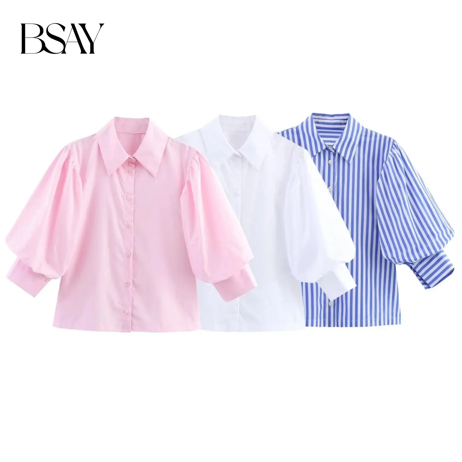 

BSAY Poplin Shirt for Women Fashion Summer New Loose Solid Color Short Sleeves Single Breasted Lapel Blouse Chic Ladies Top
