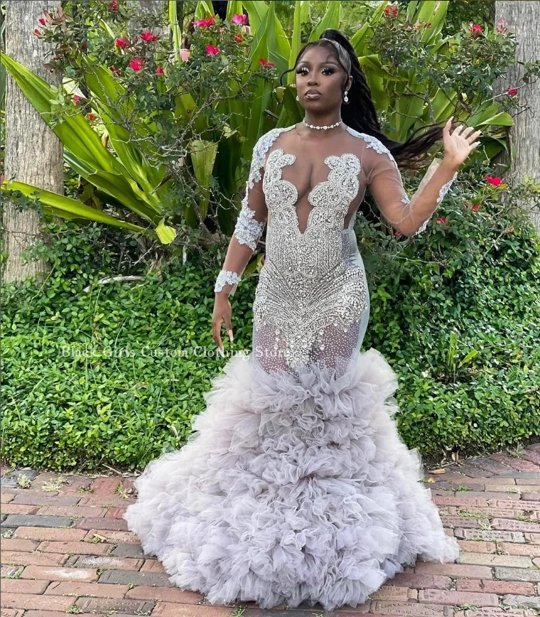 Luxury Lace Mermaid Prom Dress 2024 Silver Grey Long Sleeve Sexy See Through Mesh African Girl Wedding Party Dresses فساتين سهره