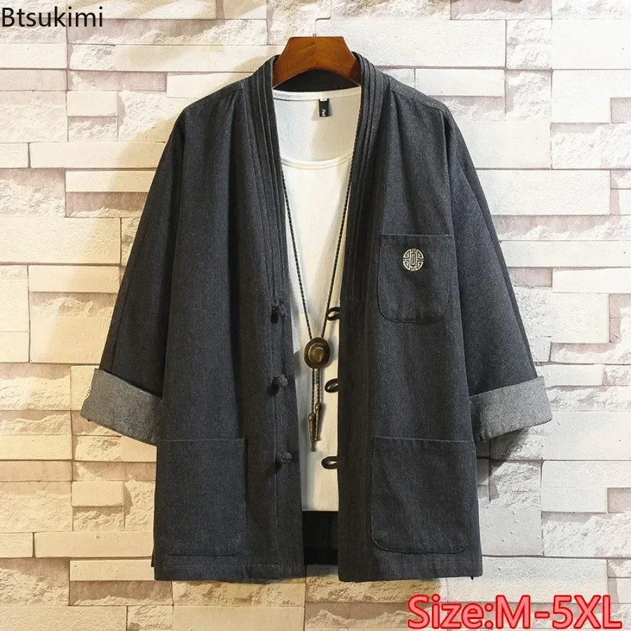 

Japanese Style Shirt Kimono Haori Samurai Robes Gown Men's Denim Cardigan Jackets Chinese Hanfu Vintage Casual Coats Tang Suit