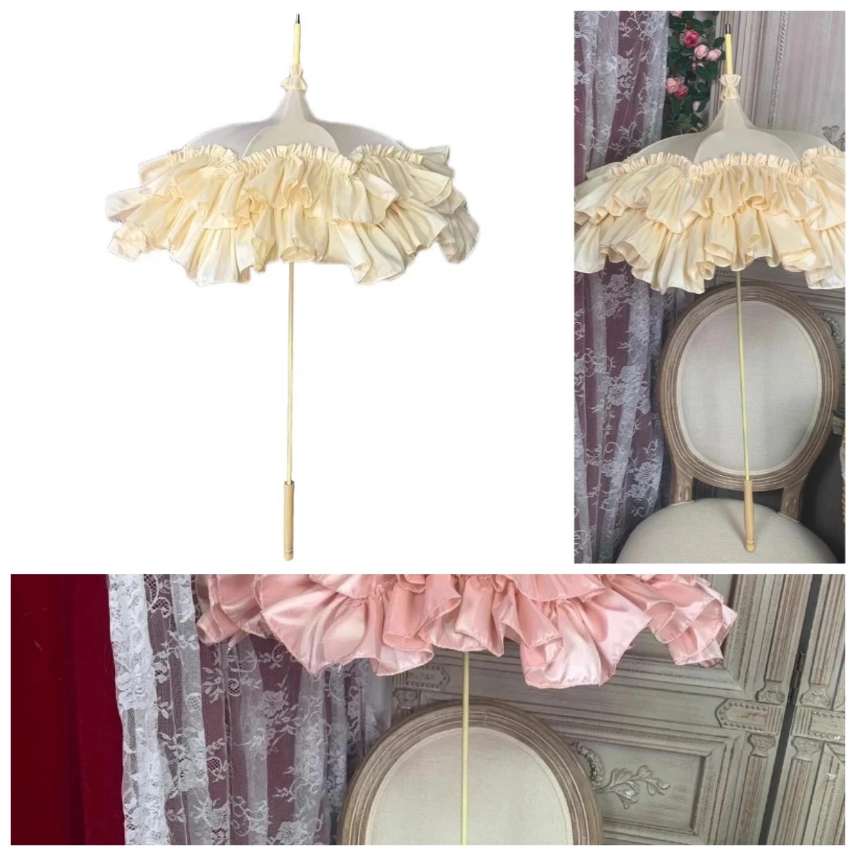 Vintage Lace Satin Pagoda Umbrella Long Handle Handmade Parasol Wedding Photo Prop