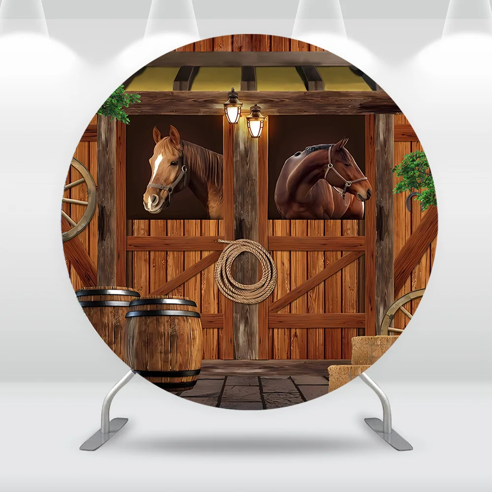 Western Cowboy Round Backdrop Cover Horse Country Farm Wooden Barn Door Kids Birthday Party Decor Circle Background Photobooth