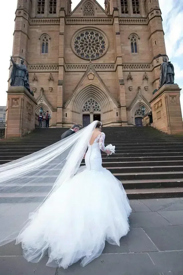 Vestidos De Novia De sirena De manga larga personalizados con cuello en V encaje francés con apliques Vestido De Novia corte tren niveles tul nupcial
