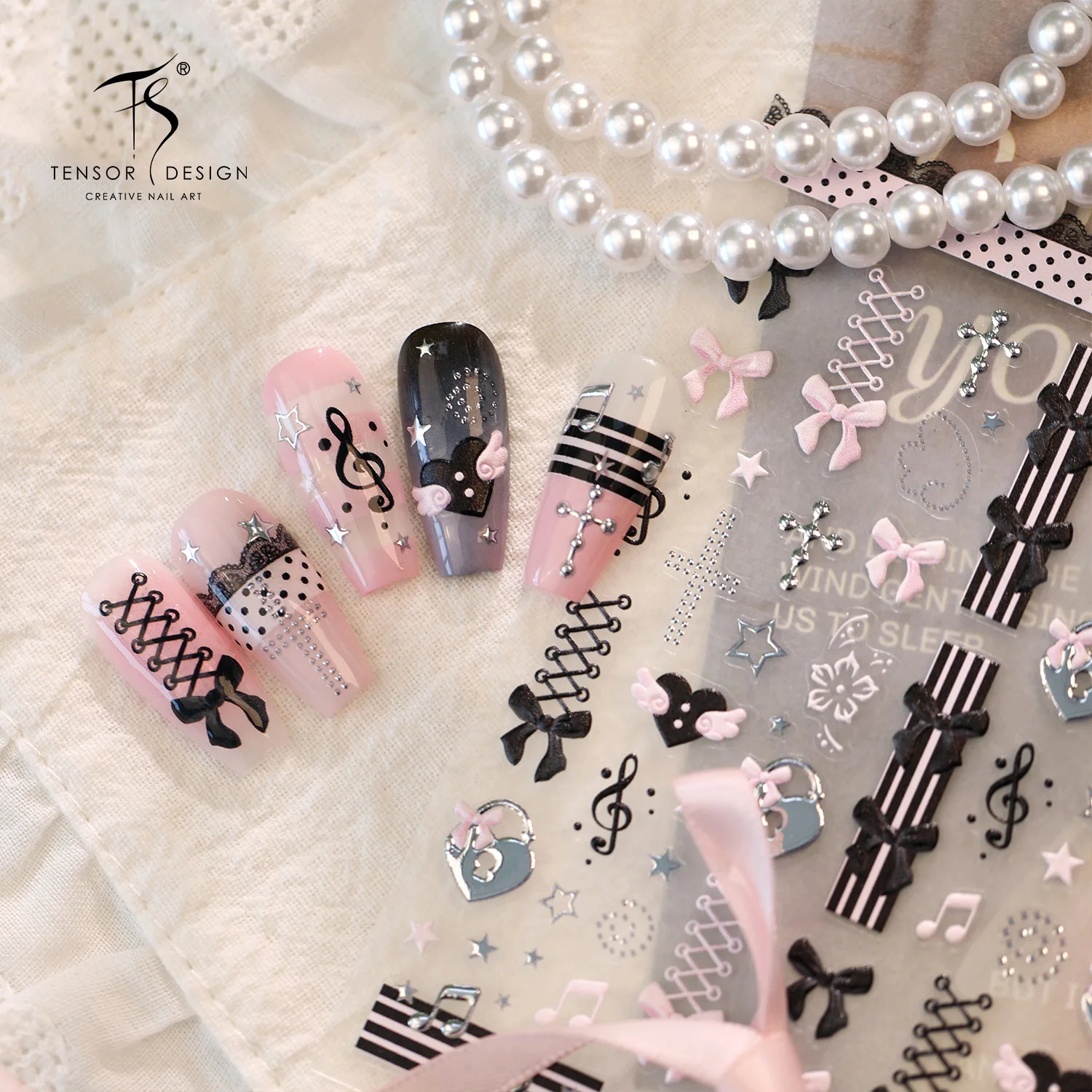 Black Strap Bowknot Nail Stickers Silver Lock Love Wing Musical Note Star Dot Flower Self adhesive Nail Decoration Sticker DIY