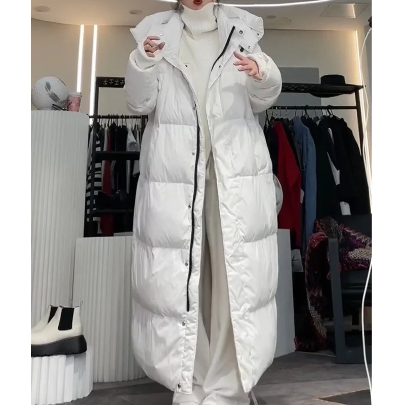 Doudoune en Duvet de Canard Blanc pour Femme, Super Longue, Chaude, Au-dessus du Genou, Manches sulf, Solide, Document, Capuche, Combinaison à la Mode, Hiver, 2023