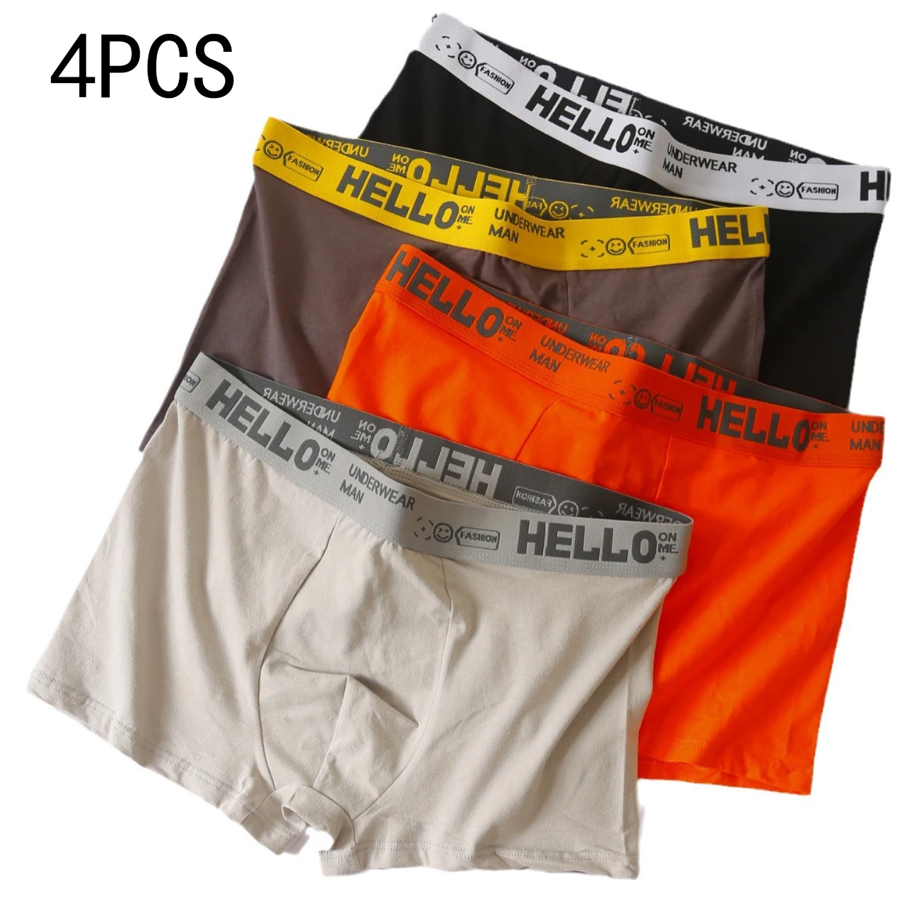 4PCS Men's Solid Color Antibacterial Underwear Mid-Waist Loose Comfortable Breathable Letter Plus Size Boxers Fat Underwear