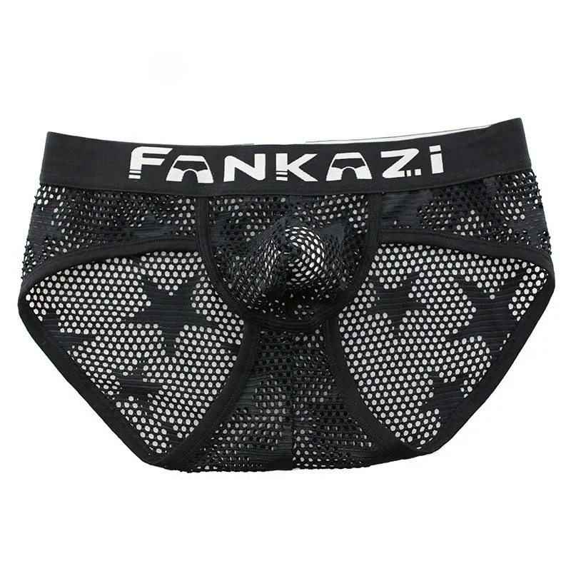 Men's Sexy Briefs Gays Low Waist U Convex Pouch Underwear Star Printed Mesh Transparent Hollow Breathable Comfortable Underpants