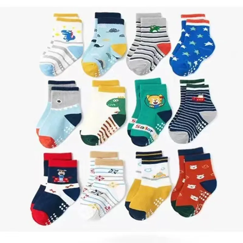 12pair/Lot Non Slip Toddler Socks with Grip for Boys Girls Baby Infants Kids Anti Skid Cotton Crew Socks 1-7Years