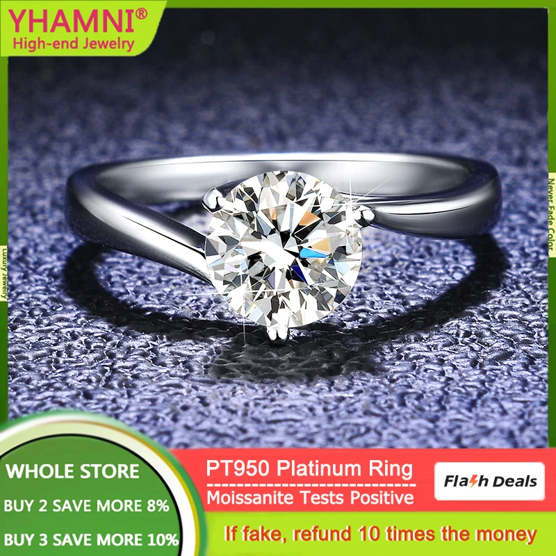 YHAMNI Minimalist Luxury PT950 Platinum Rings Real 1 Carat Diamond Moissanite Engagement Wedding Rings for Women Fine Jewelry