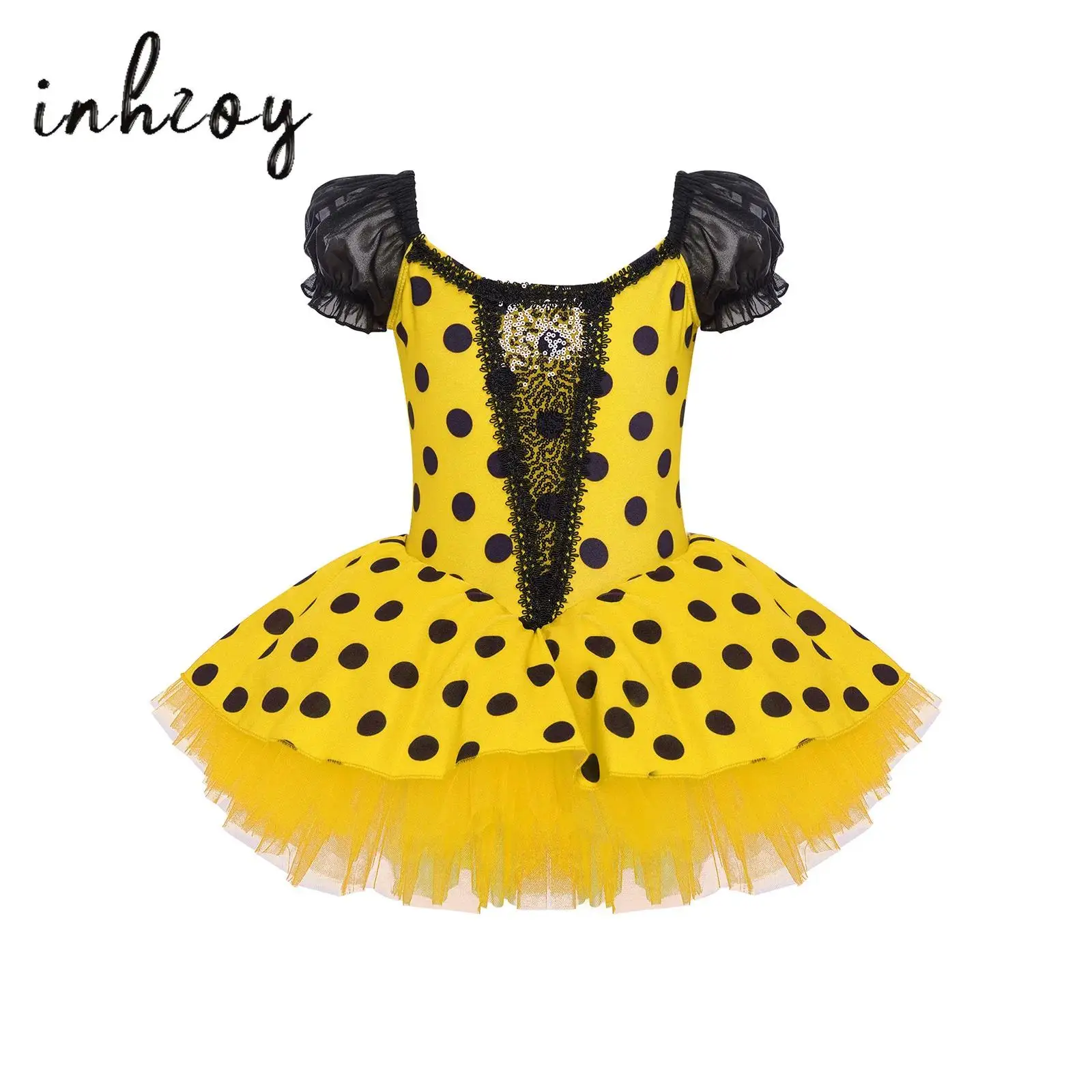 

Kids Girls Lyrical Modern Dance Costume Short Puff Sleeve Shiny Sequins Dots Tutu Dress Ballet Latin Dance Performance Dress