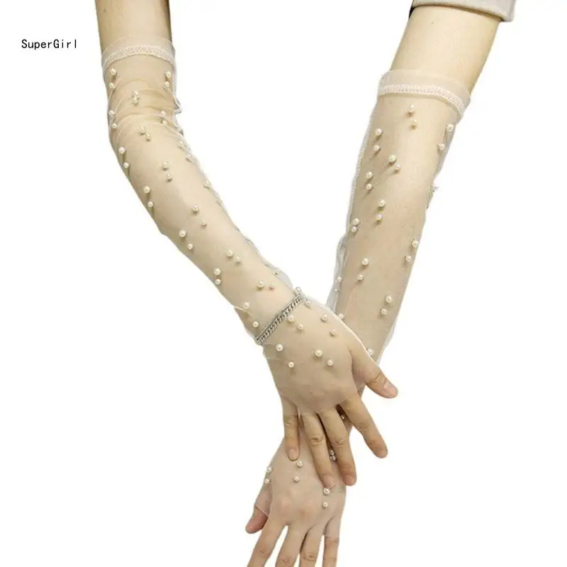 

Operas Evening Gloves Elbow Length Sheer Gloves Women's Pearls Tulle Mittens J78E