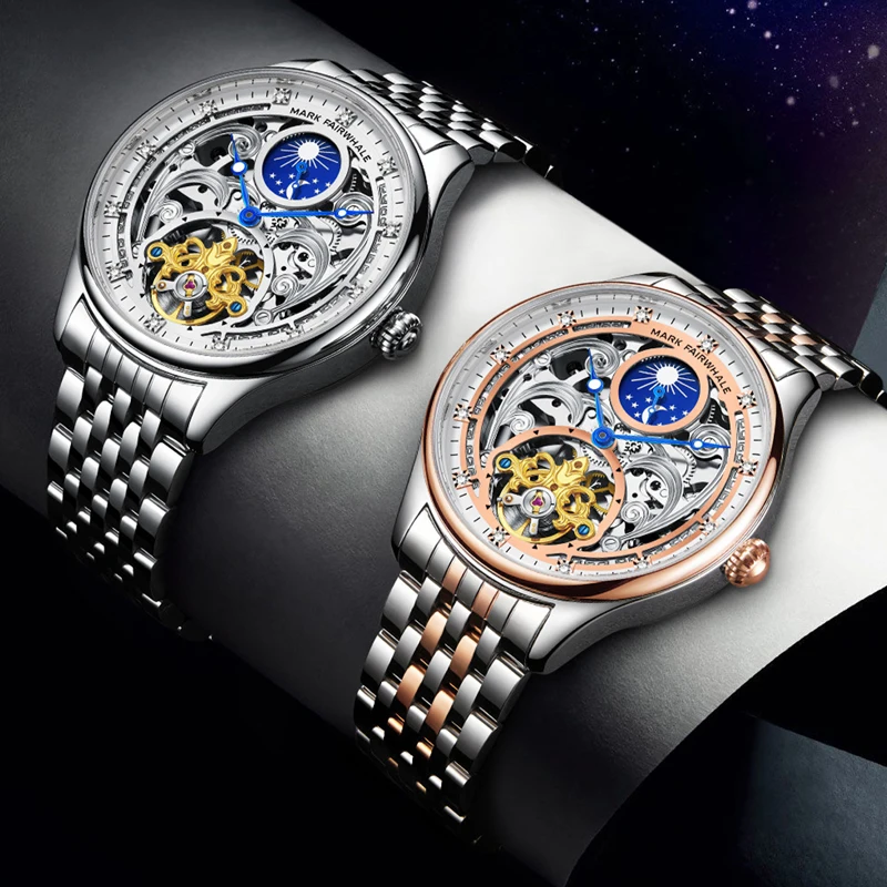 Mark Fairwhale Brand Luxury Tourbillon Mechanical Watch Men Leather Strap Fashion Automatic Moon Phase Skeleton Watches Mens