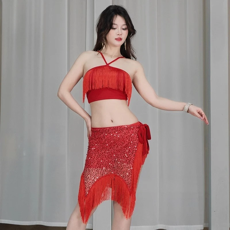 customized bellydance costume with tassel top skirt sexy inspiring sparkling sequins hip scarves Oriental dance performance set