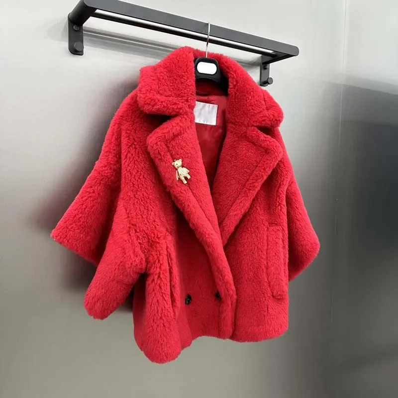 Teddy Bear Solid Color Cape Style Women Coat Winter Short Length Thick Warm Turn-Down Collar Sheep Wool  Alpaca  Silk