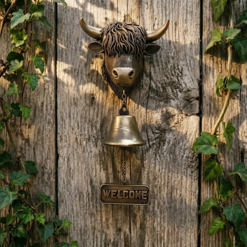 

Resin Highland Cow Welcome Bell Retro Wall Mounted Cow Shaped Doorbell Home Office Door Entrance Decoration Doorbell
