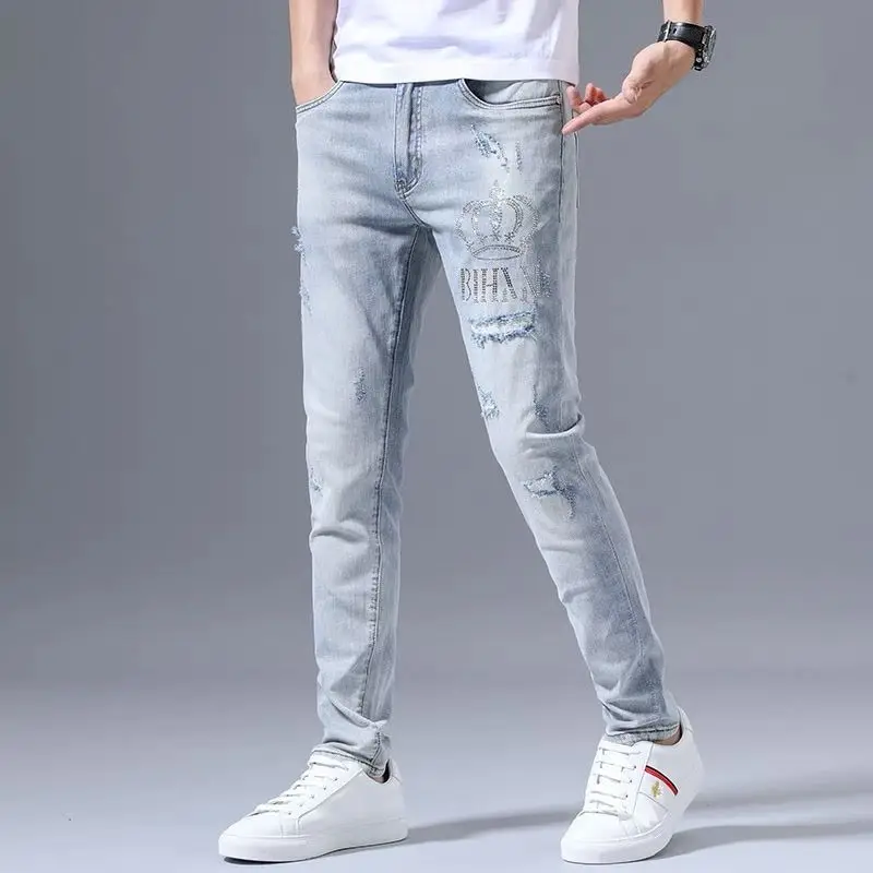 Fashion Spring and Autumn Jeans Men Luxury Slim Fit Jeans Casual Men's Pencil Pants Denim Hole Hot Diamond Streetwear Blue Jeans