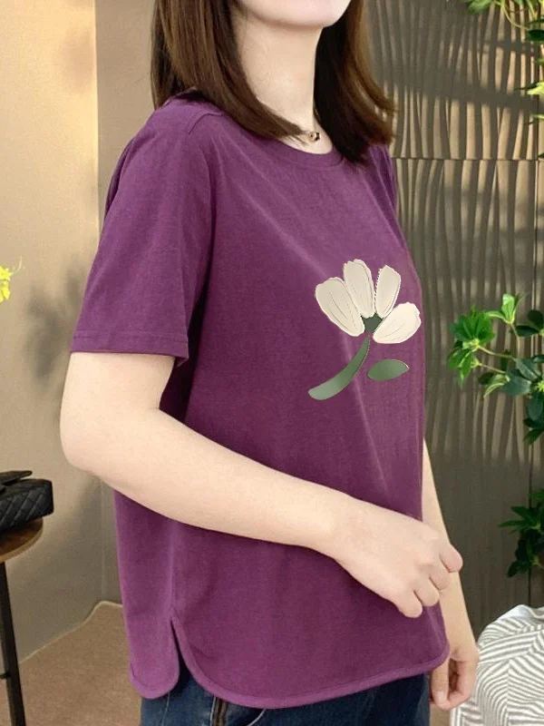 

Floral Print Short Sleeve round Neck T-Shirt Women's Loose Slimming Commute Style Polyester Fiber Casual Top for Mom