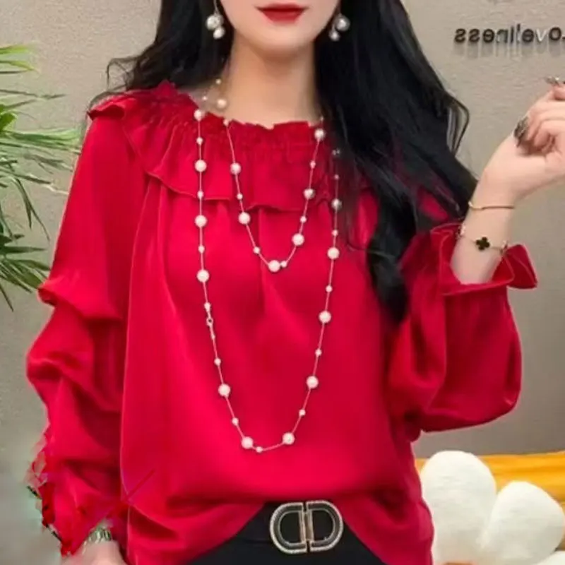 Commute Solid Color Slash Neck Shirt Spring Autumn Stylish Ruffles Spliced Shirring Women\'s Clothing Korean Casual Loose Blouse