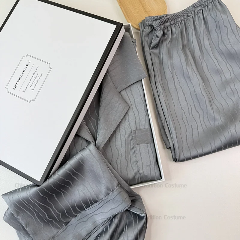 Sexy Lapel Shirt Pants Short Pyjamas Suit Summer New Stripe Sleepwear Men Pajama Set Male Ice Silk Home Clothes Loose Loungewear