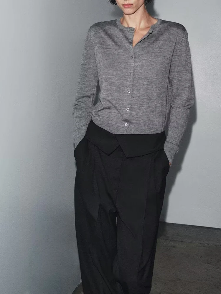 

Новый женский модный универсальный темпераментный однотонный кардиган с круглым вырезом в европейском стиле, облегающий свитер