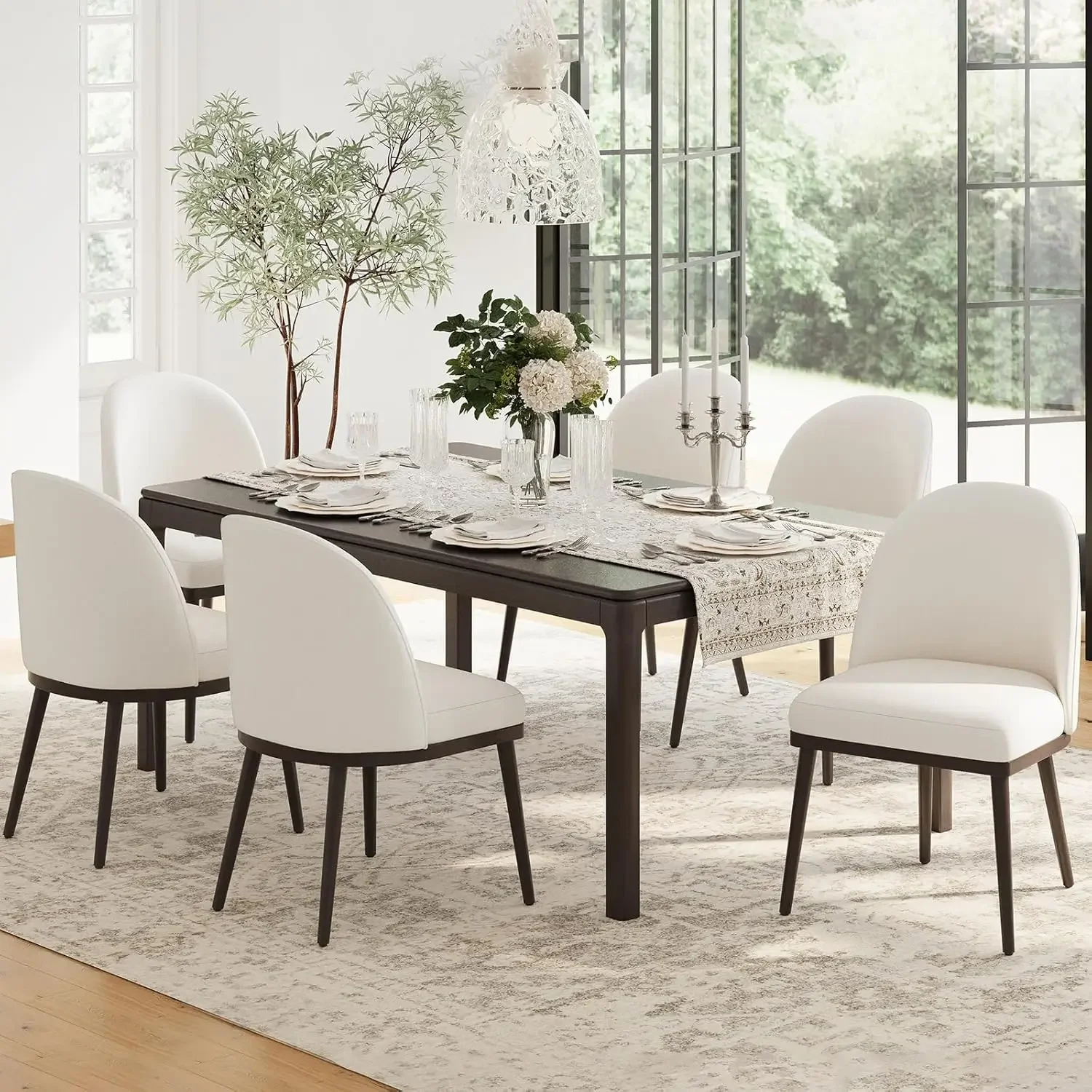 

Upholstered Dining Chairs Set of 6, Wooden Dining Room Kitchen Chairs with Wood Frame and Curved Backrest, Beige