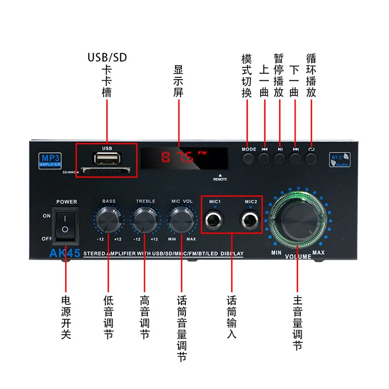 AK45 High-power Digital Amplifier Bluetooth USB Flash Drive Amplifier Two Channel Amplifier