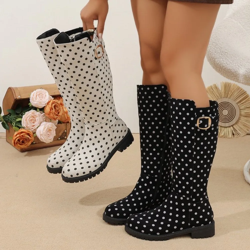 Women's Knee-High Boots Round Toe Low Heel Polka Dot Pattern Side Zipper Buckle Strap Leather-Look Upper Casual Outdoor Shoes