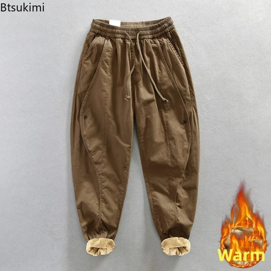 

New Autumn Winter Cargo Pants Men's Fleece Thicken Outdoor Casual Solid Warm Trousers 100% Cotton Loose Overalls Man Streetwear