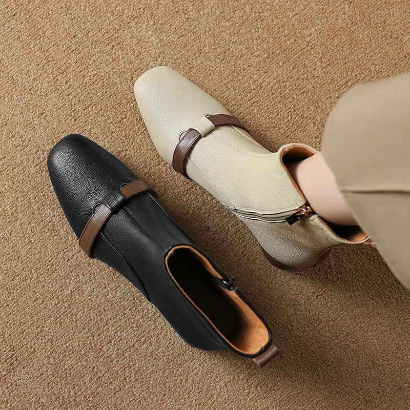 2026 new autumn winter women ankle boots natural leather 22-25cm sheepskin round toe side zip thick heel buckle short boots