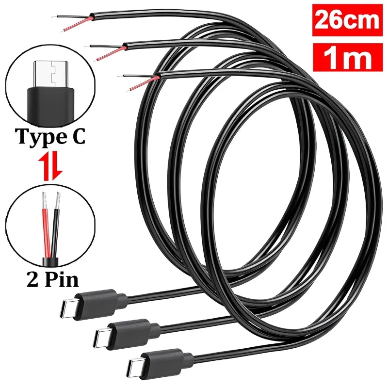 3/1Pcs Type-C To 2 Pin Bare Extension Power Cable USB Type C Connector Male Plug 2-Pin Pigtail Cable for Phone Router LED Strip